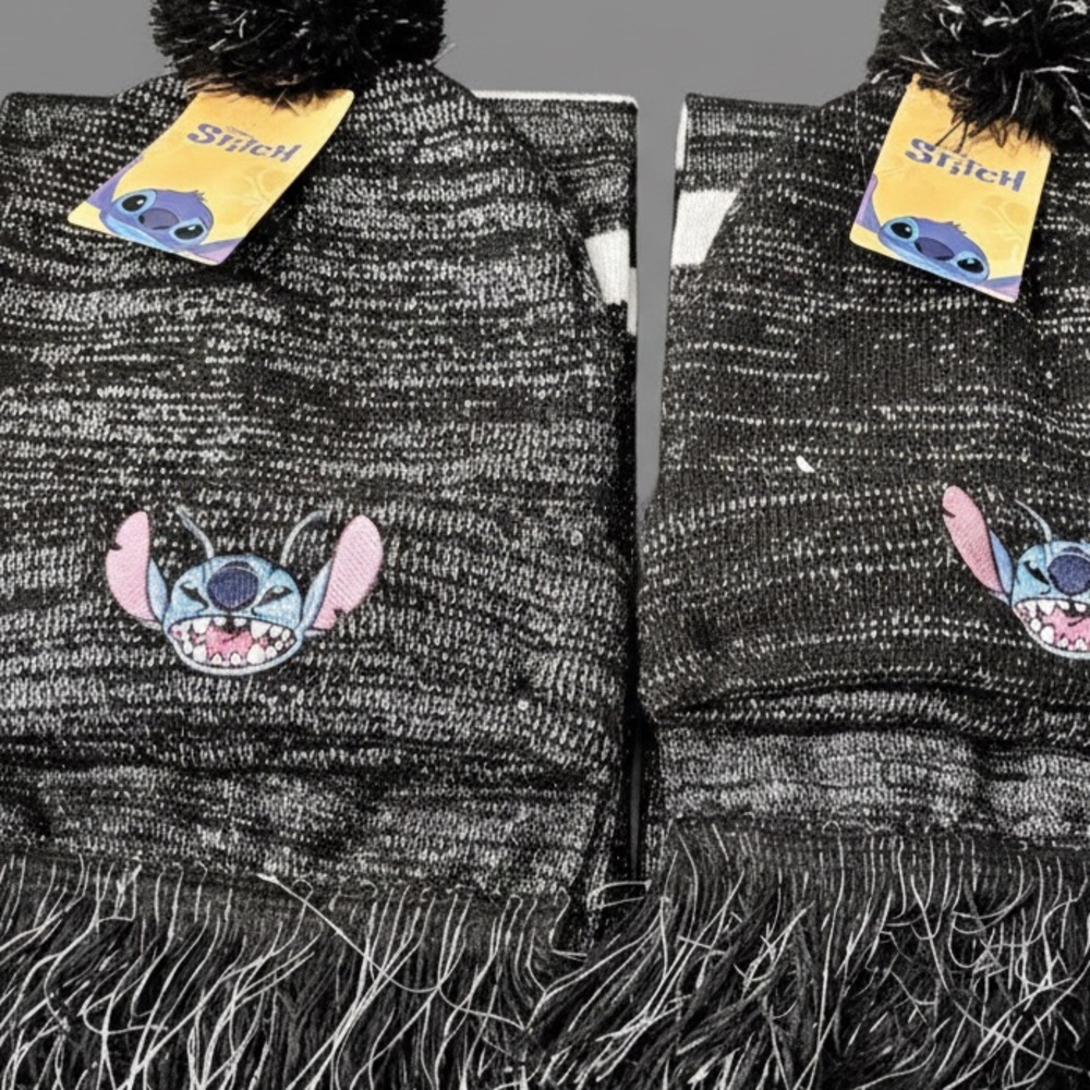 NWT Lot of 2 Disney Stitch Black and Gray Knit Hat+Scarf Sets